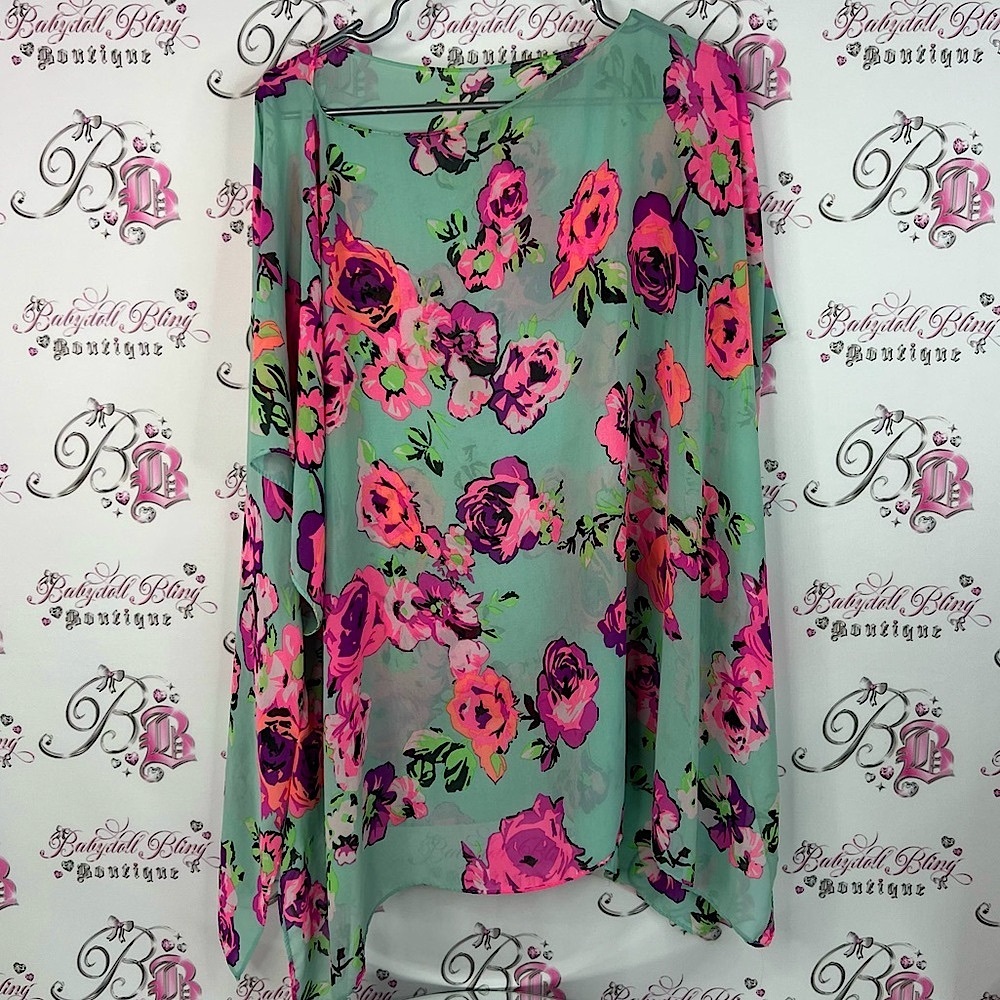Coverup dress one size fits all neon roses Floral Chiffon dress- Pink and Green